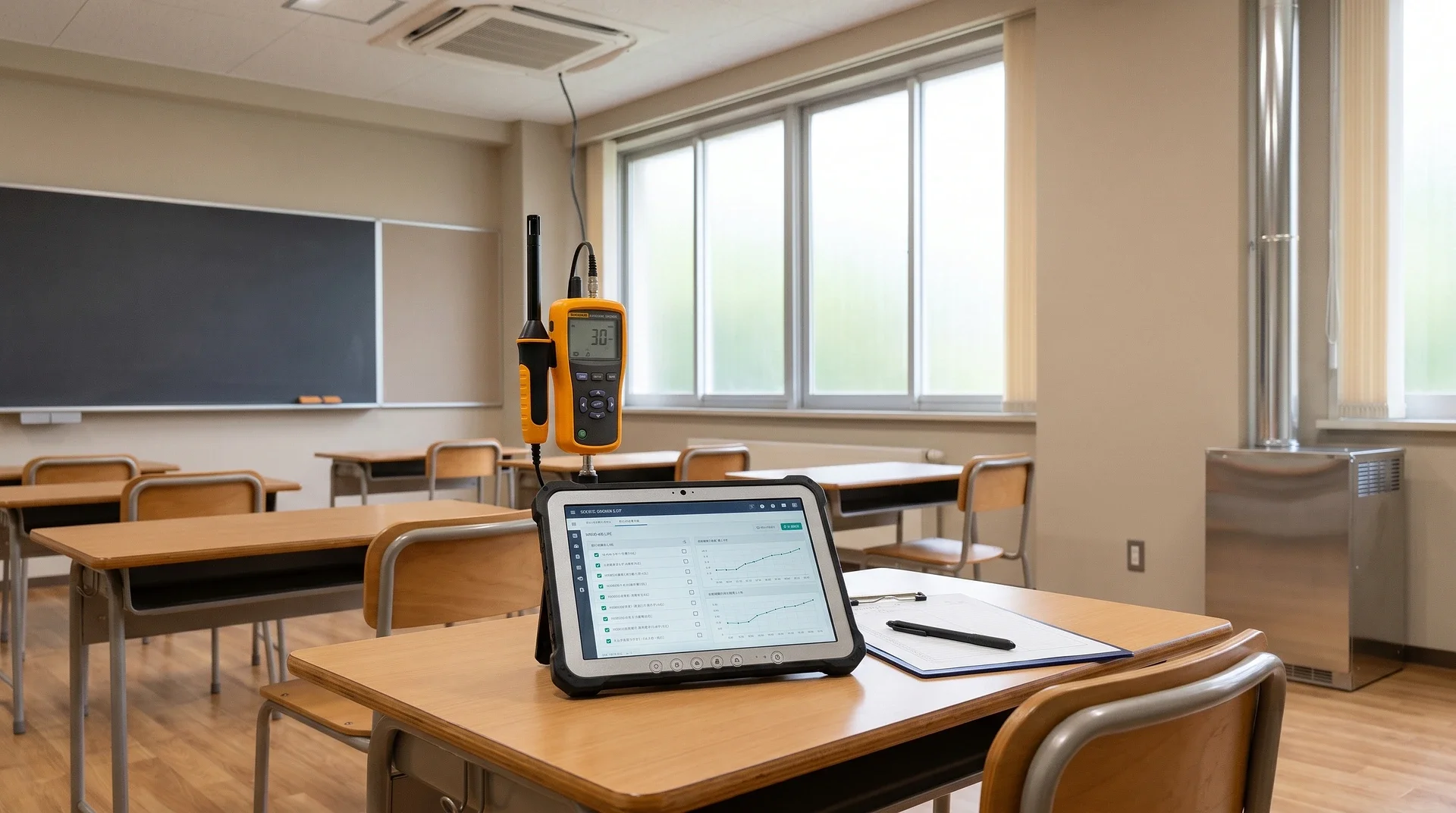 Klassrum med mätutrustning och surfplatta på skolbänk